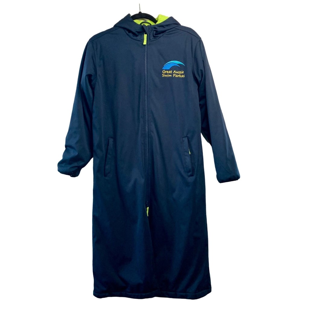Great Aussie Swim Parkas Swim Robe Kids 14 Youth Long Navy Blue Parka Neon Green